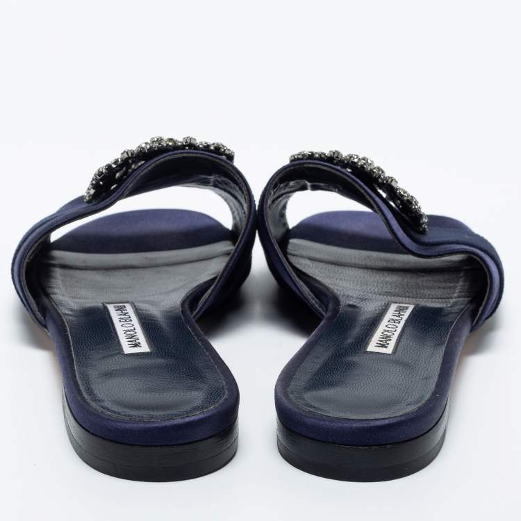 Pre Owned Manolo Blahnik Navy Blue Satin  Martamod  Flat Sandals Size 38