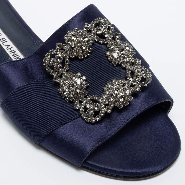 Pre Owned Manolo Blahnik Navy Blue Satin  Martamod  Flat Sandals Size 38