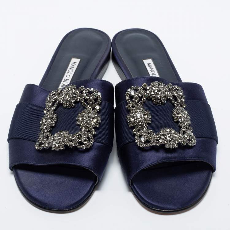 Pre Owned Manolo Blahnik Navy Blue Satin  Martamod  Flat Sandals Size 38