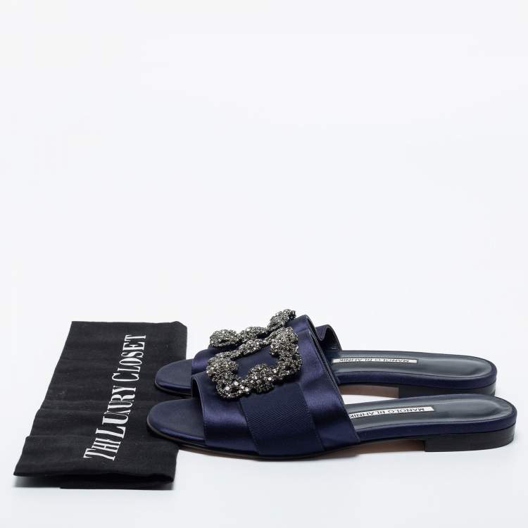 Pre Owned Manolo Blahnik Navy Blue Satin  Martamod  Flat Sandals Size 38