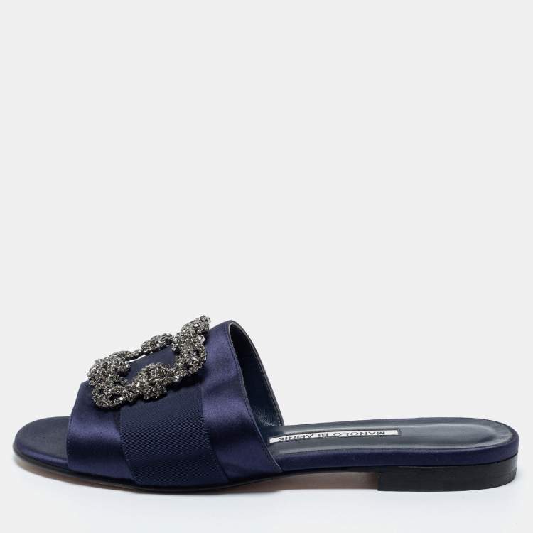 Pre Owned Manolo Blahnik Navy Blue Satin  Martamod  Flat Sandals Size 38
