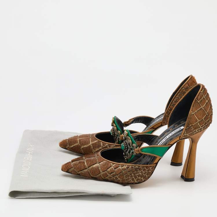 مملوكة مسبقًا Manolo Blahnik Brown Calf Hair and Leather Embellished Pumps Size 38