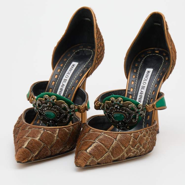 مملوكة مسبقًا Manolo Blahnik Brown Calf Hair and Leather Embellished Pumps Size 38
