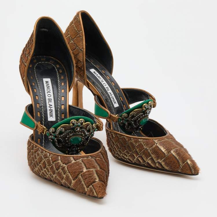 مملوكة مسبقًا Manolo Blahnik Brown Calf Hair and Leather Embellished Pumps Size 38