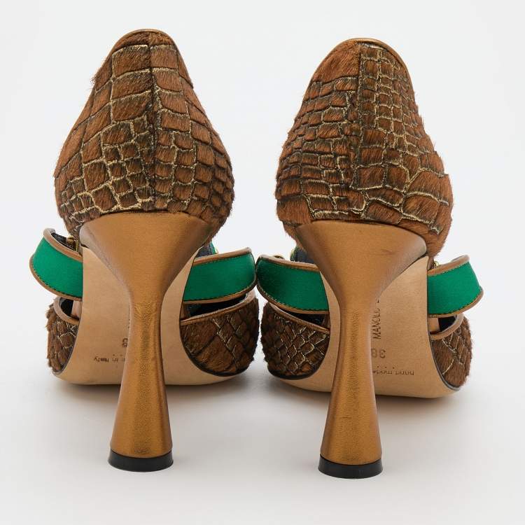 مملوكة مسبقًا Manolo Blahnik Brown Calf Hair and Leather Embellished Pumps Size 38