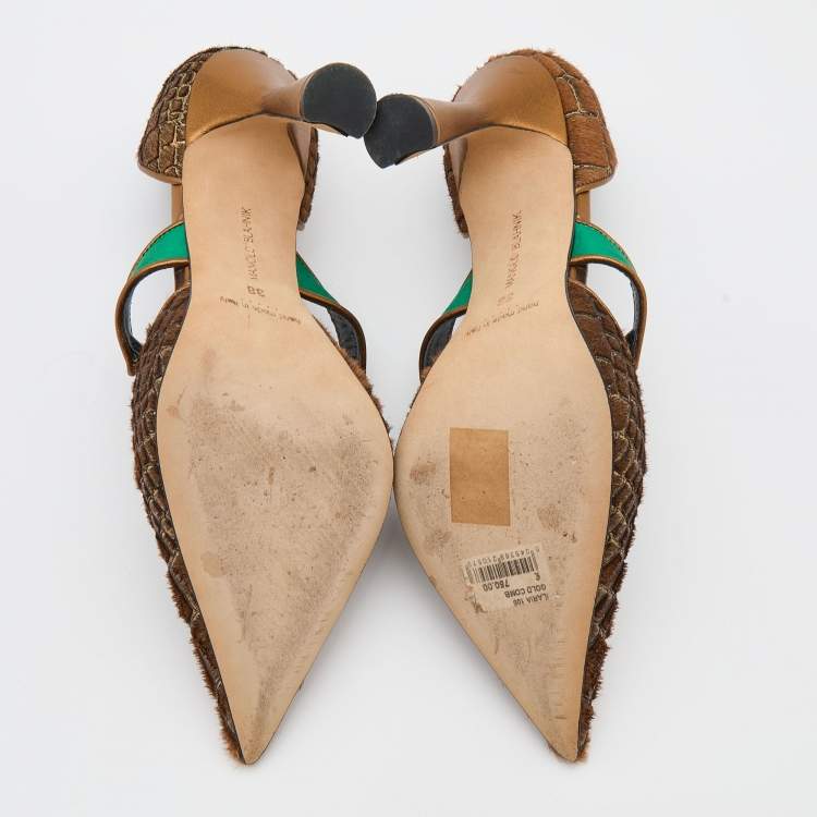 مملوكة مسبقًا Manolo Blahnik Brown Calf Hair and Leather Embellished Pumps Size 38