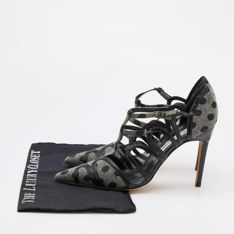 Pre Owned Manolo Blahnik Grey/Black Polka Dot Canvas and Leather Strappy Sandals Size 40.5