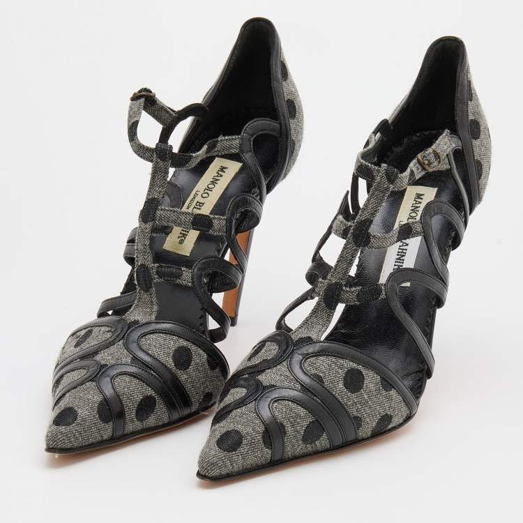 Pre Owned Manolo Blahnik Grey/Black Polka Dot Canvas and Leather Strappy Sandals Size 40.5