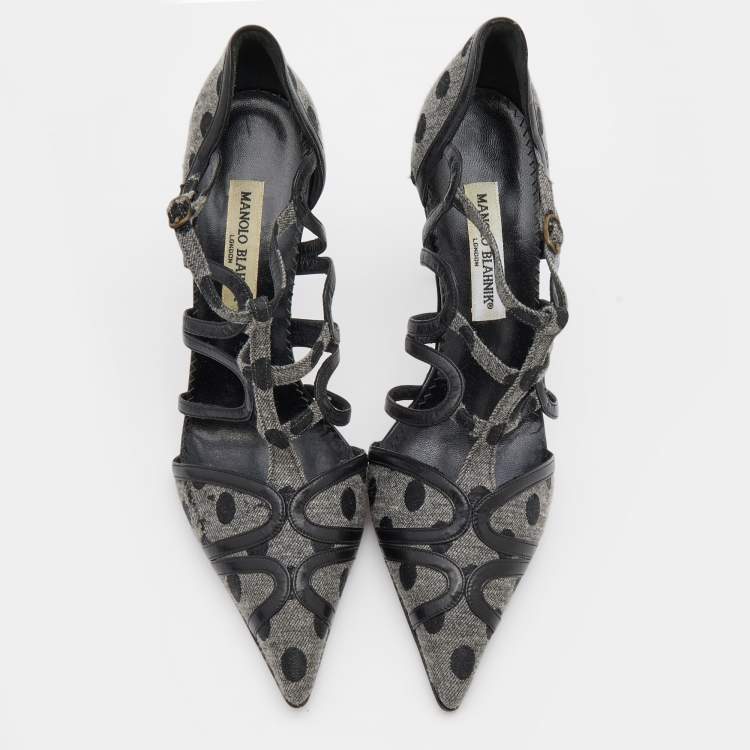 Pre Owned Manolo Blahnik Grey/Black Polka Dot Canvas and Leather Strappy Sandals Size 40.5