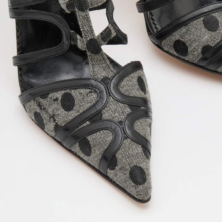 Pre Owned Manolo Blahnik Grey/Black Polka Dot Canvas and Leather Strappy Sandals Size 40.5