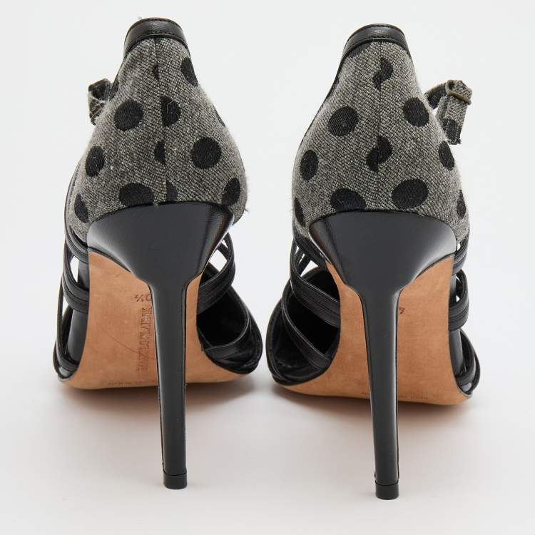 Pre Owned Manolo Blahnik Grey/Black Polka Dot Canvas and Leather Strappy Sandals Size 40.5