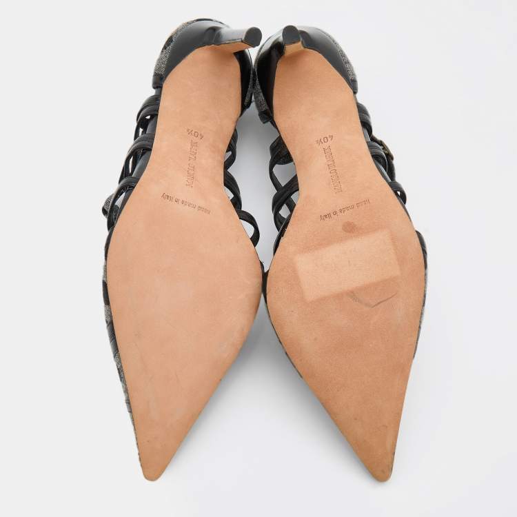 Pre Owned Manolo Blahnik Grey/Black Polka Dot Canvas and Leather Strappy Sandals Size 40.5
