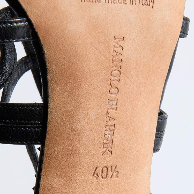 Pre Owned Manolo Blahnik Grey/Black Polka Dot Canvas and Leather Strappy Sandals Size 40.5