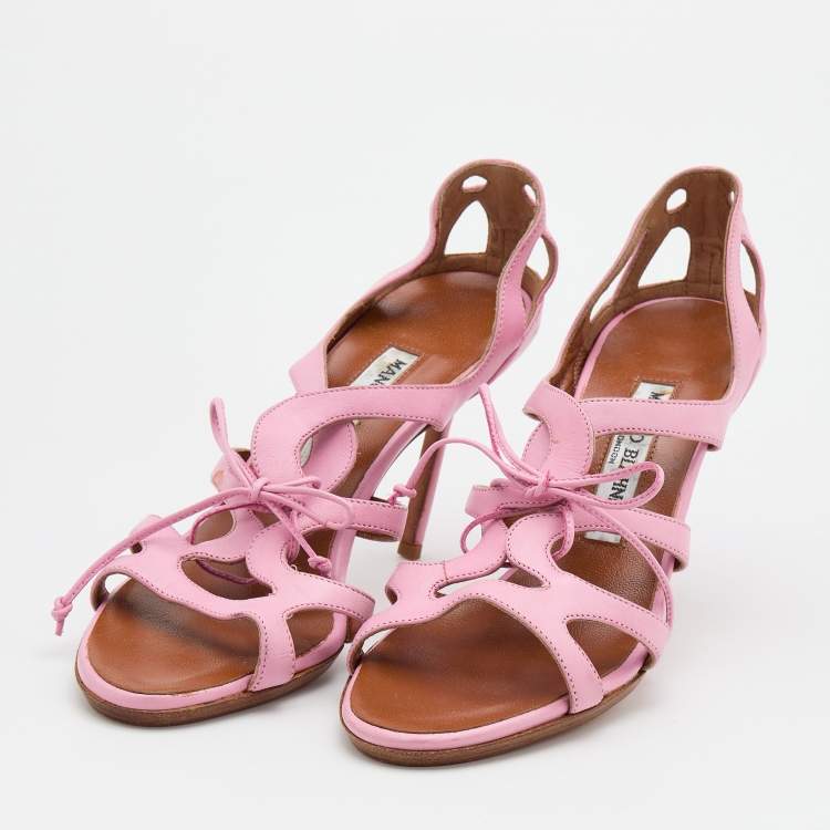 مملوكة مسبقًا Manolo Blahnik Pink Leather Strappy Ankle Tie Sandals Size 36.5
