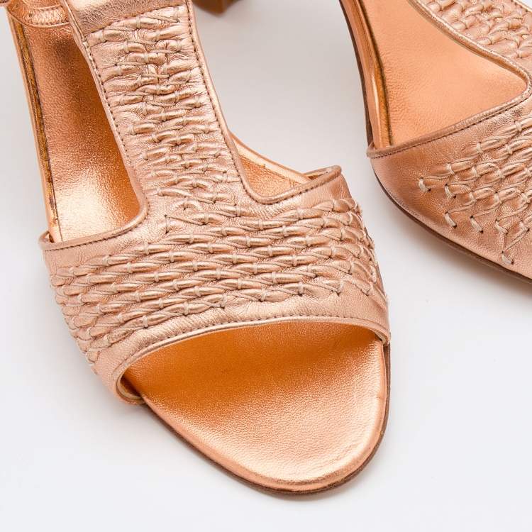 Pre Owned Manolo Blahnik Metallic Bronze Woven Leather T-Strap Sandals Size 41