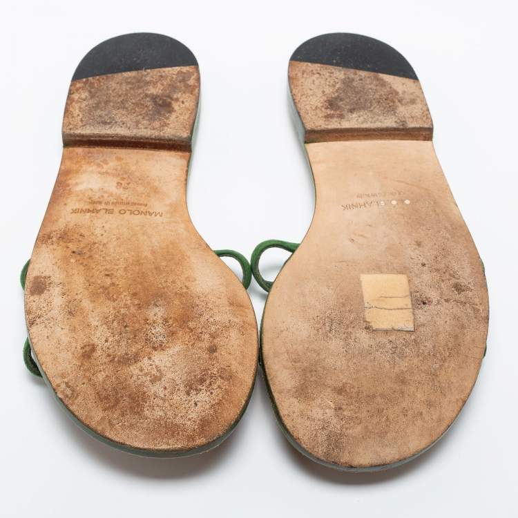 Pre Owned Manolo Blahnik Green Ostrich Leather Flat Sides Size 38