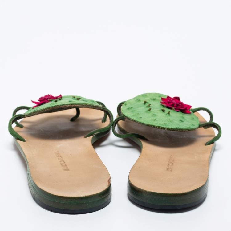 Pre Owned Manolo Blahnik Green Ostrich Leather Flat Sides Size 38