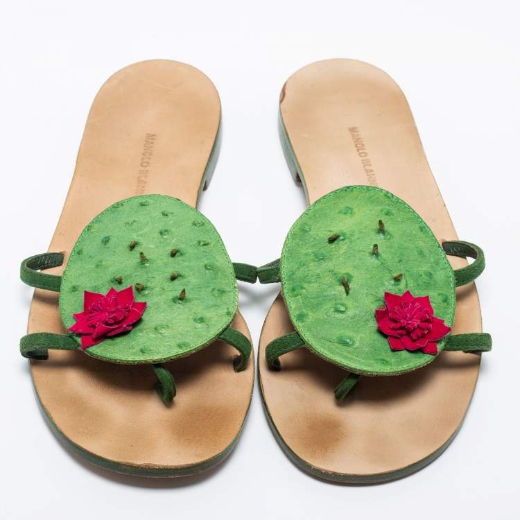 Pre Owned Manolo Blahnik Green Ostrich Leather Flat Sides Size 38