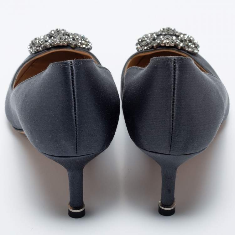 Pre Owned Manolo Blahnik Dark Grey Satin Hangisi Pumps Size 36.5
