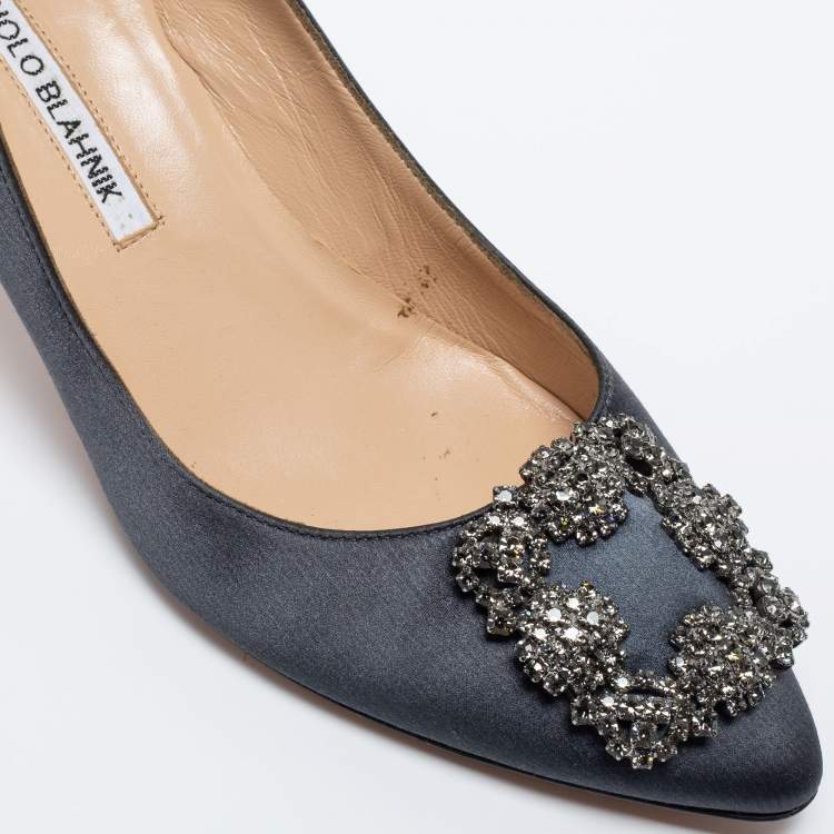 Pre Owned Manolo Blahnik Dark Grey Satin Hangisi Pumps Size 36.5