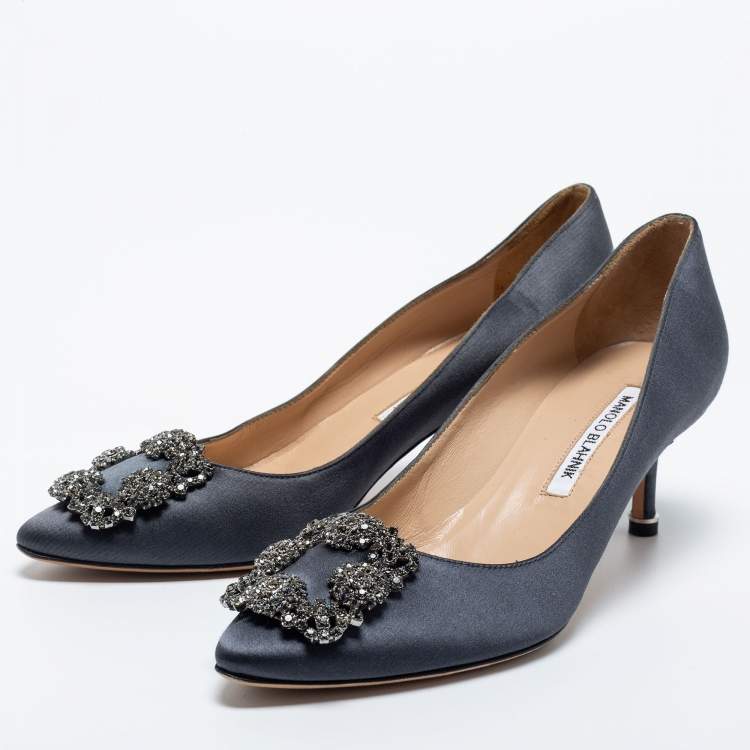 Pre Owned Manolo Blahnik Dark Grey Satin Hangisi Pumps Size 36.5