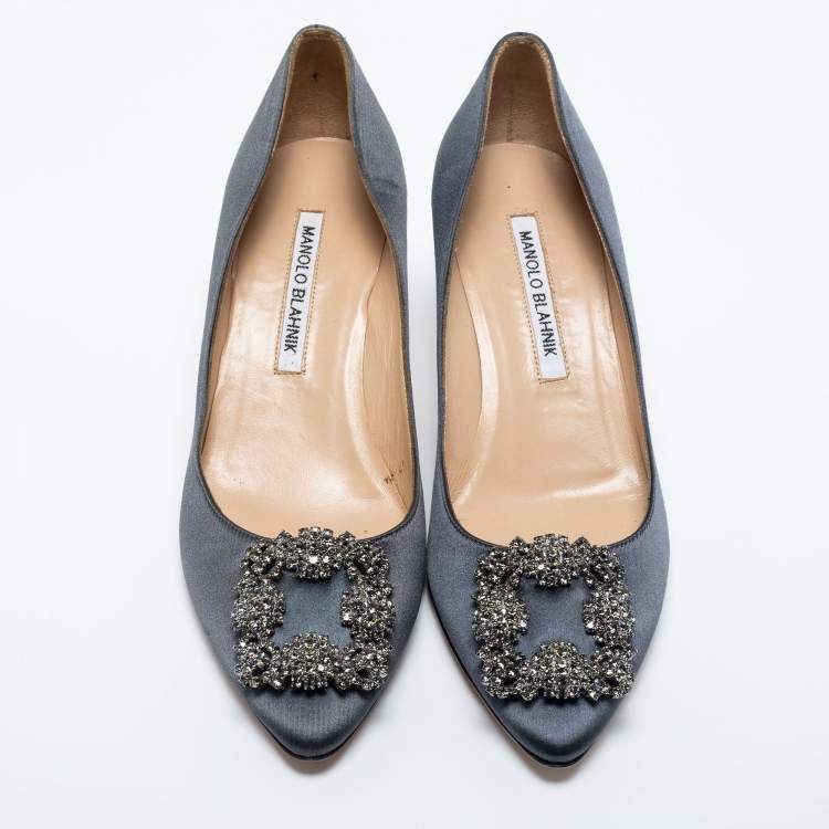 Pre Owned Manolo Blahnik Dark Grey Satin Hangisi Pumps Size 36.5