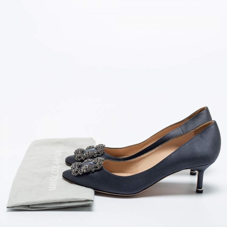 Pre Owned Manolo Blahnik Dark Grey Satin Hangisi Pumps Size 36.5