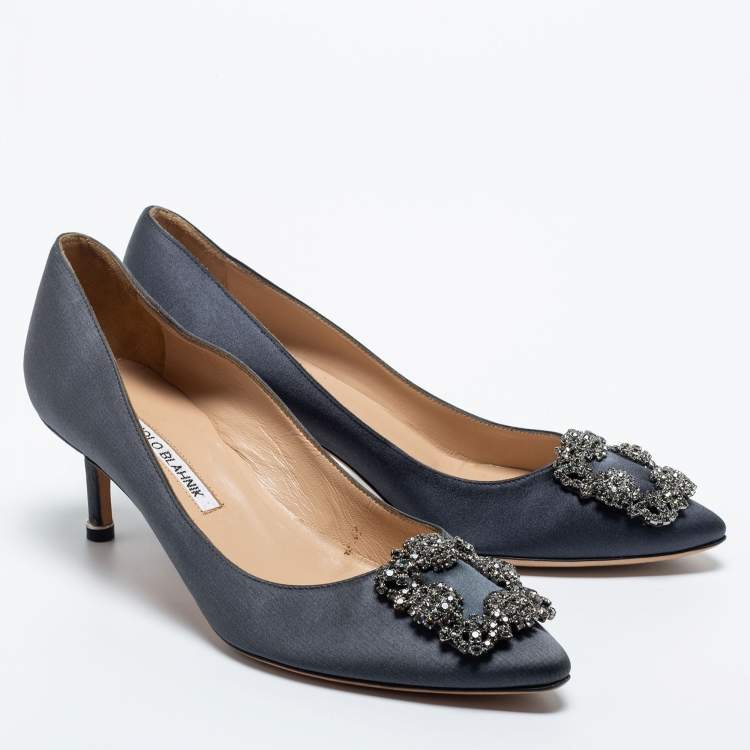 Pre Owned Manolo Blahnik Dark Grey Satin Hangisi Pumps Size 36.5