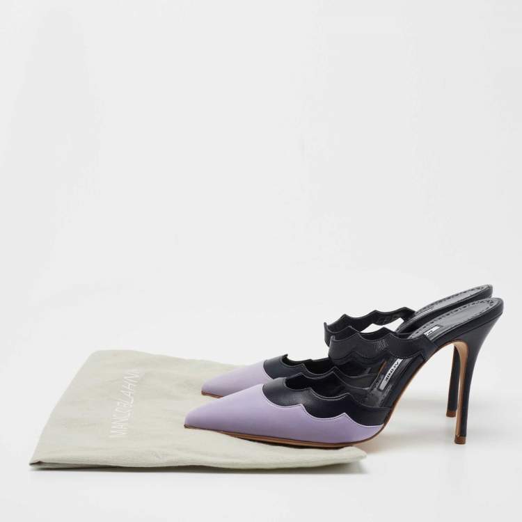 Pre Owned Manolo Blahnik Navy Blue/Purple Scalloped Leather Gimenta Mules Size 37
