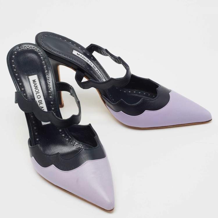 Pre Owned Manolo Blahnik Navy Blue/Purple Scalloped Leather Gimenta Mules Size 37