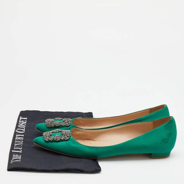 Pre Owned Manolo Blahnik Green Satin Hangisi Ballet Flats Size 39.5