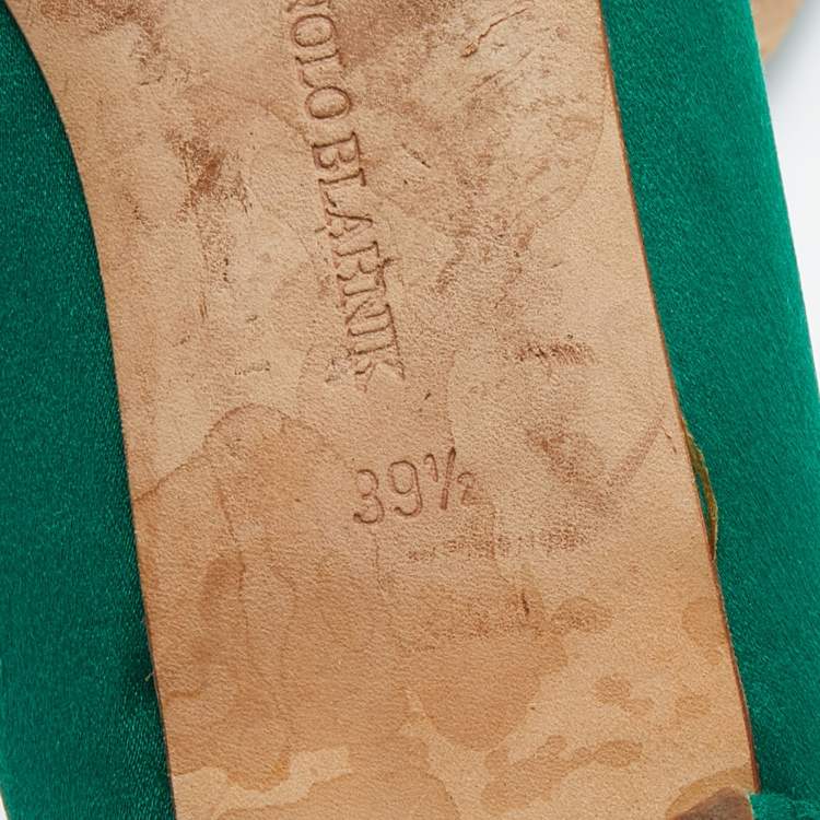 Pre Owned Manolo Blahnik Green Satin Hangisi Ballet Flats Size 39.5