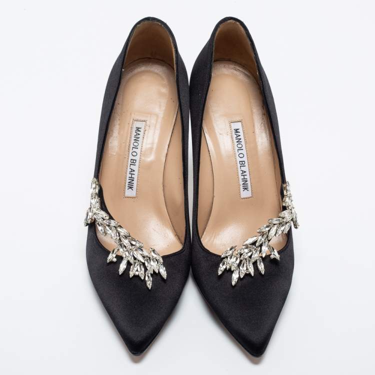 Pre Owned Manolo Blahnik Black Satin Nadira  Pumps Size 38.5