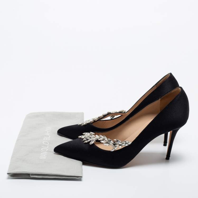 Pre Owned Manolo Blahnik Black Satin Nadira  Pumps Size 38.5