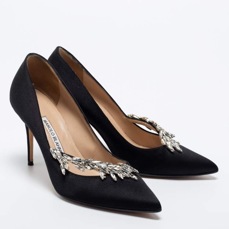 Pre Owned Manolo Blahnik Black Satin Nadira  Pumps Size 38.5