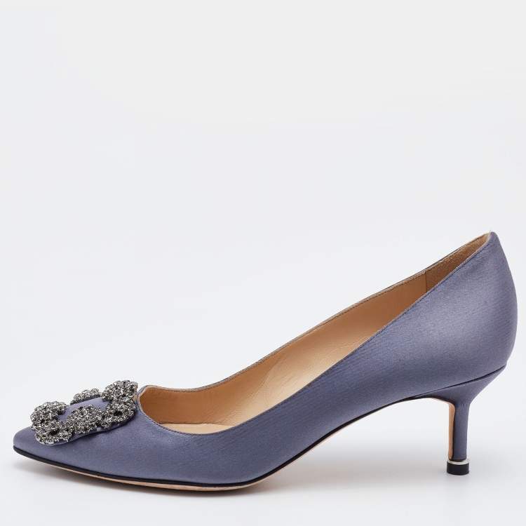 Pre Owned Manolo Blahnik Grey Satin Hangisi Crystal Embellished Pumps Size 36