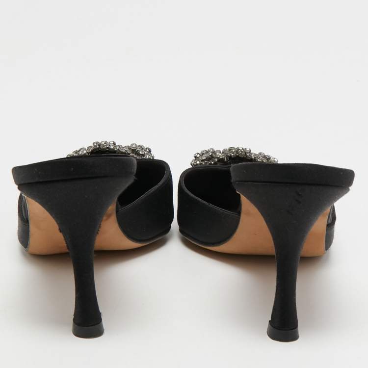 Pre Owned Manolo Blahnik Black Satin Hangisi Pointed Toe Mules Size 36.5
