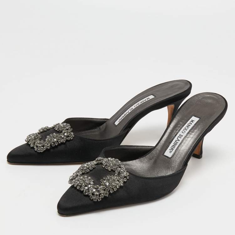 Pre Owned Manolo Blahnik Black Satin Hangisi Pointed Toe Mules Size 36.5
