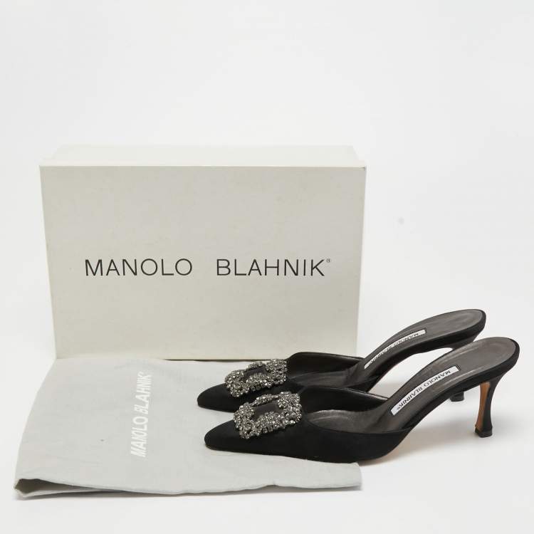 Pre Owned Manolo Blahnik Black Satin Hangisi Pointed Toe Mules Size 36.5