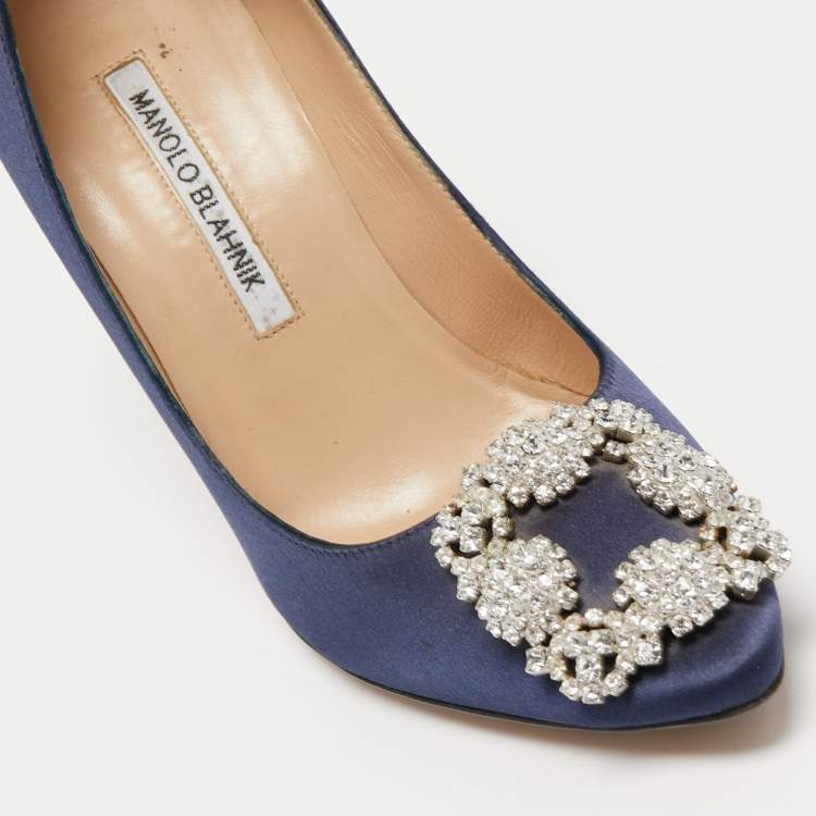 Pre Owned Manolo Blahnik Navy Blue Satin Hangisi Pumps Size 36