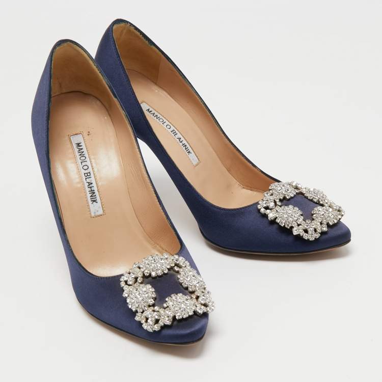Pre Owned Manolo Blahnik Navy Blue Satin Hangisi Pumps Size 36