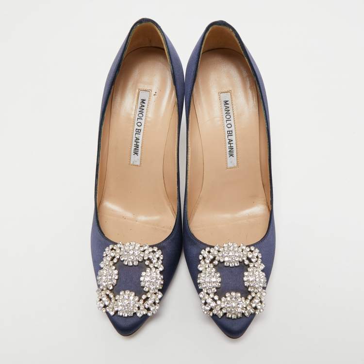 Pre Owned Manolo Blahnik Navy Blue Satin Hangisi Pumps Size 36