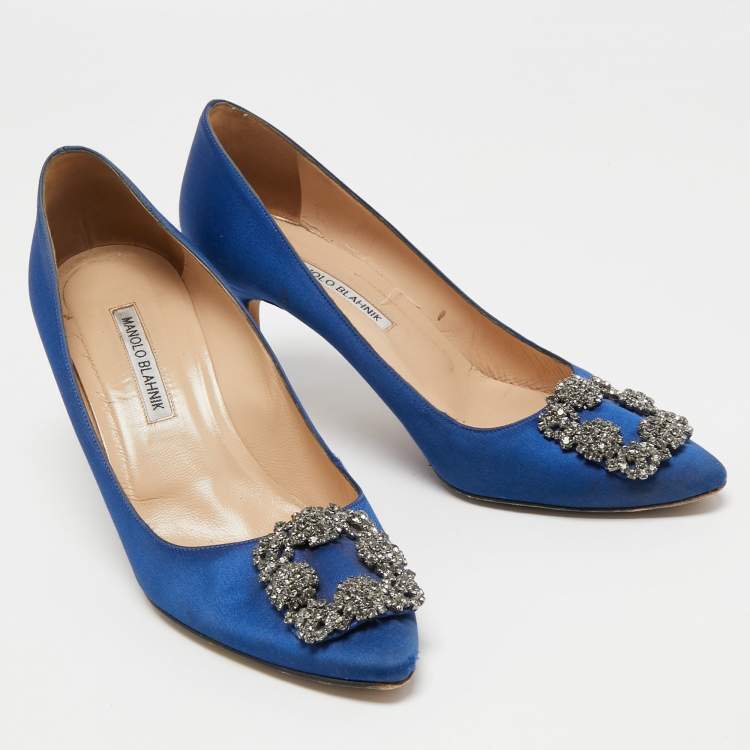 Pre Owned Manolo Blahnik Blue Satin Hangisi Pumps Size 39.5