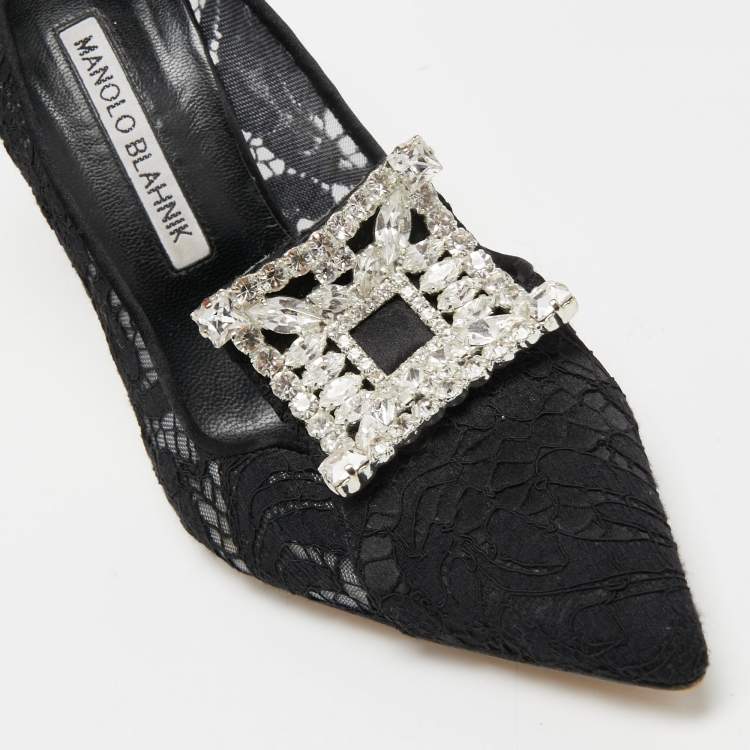Pre Owned Manolo Blahnik Black Lace and Satin Borlak  Pumps Size 39.5