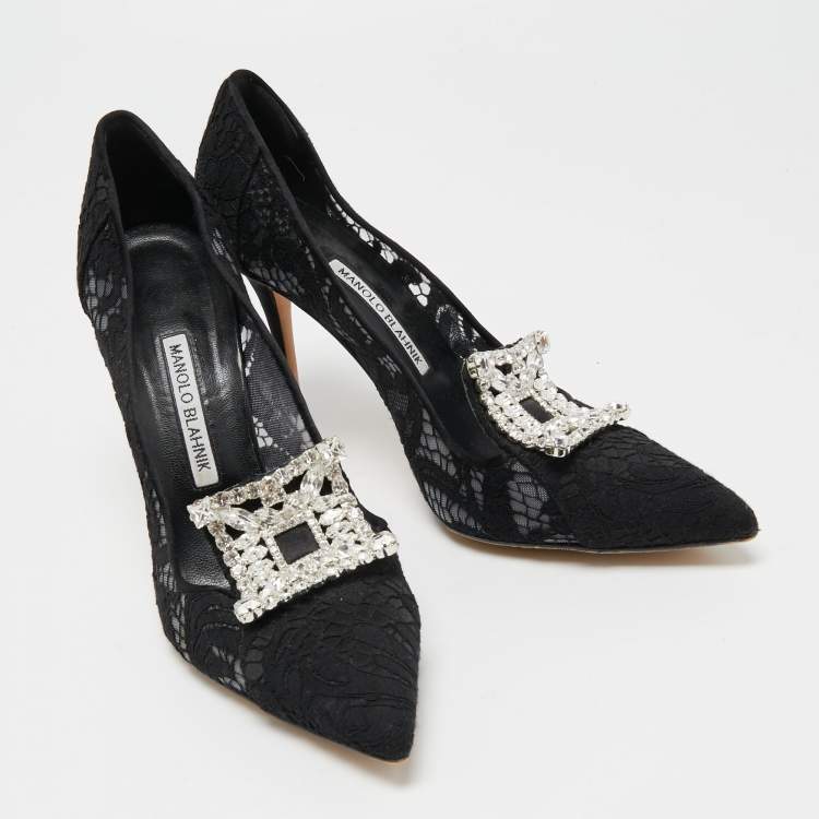 Pre Owned Manolo Blahnik Black Lace and Satin Borlak  Pumps Size 39.5