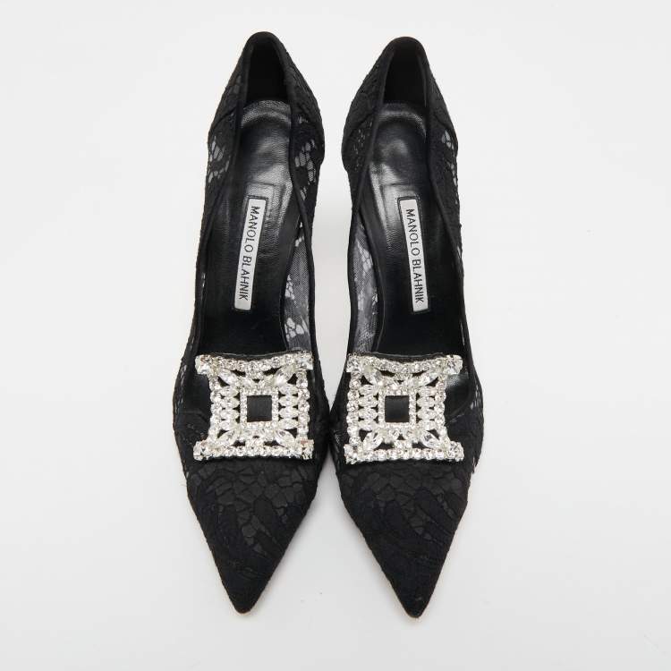 Pre Owned Manolo Blahnik Black Lace and Satin Borlak  Pumps Size 39.5