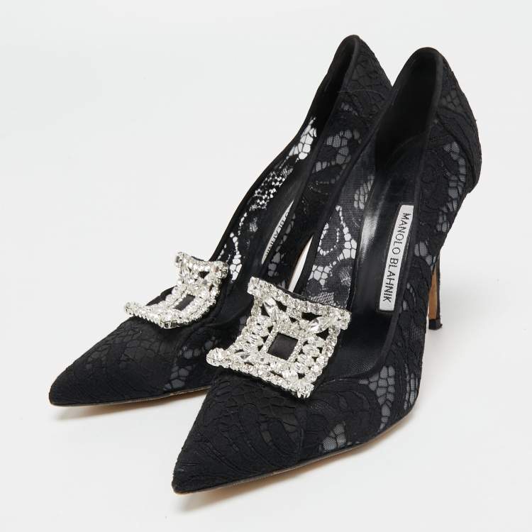 Pre Owned Manolo Blahnik Black Lace and Satin Borlak  Pumps Size 39.5