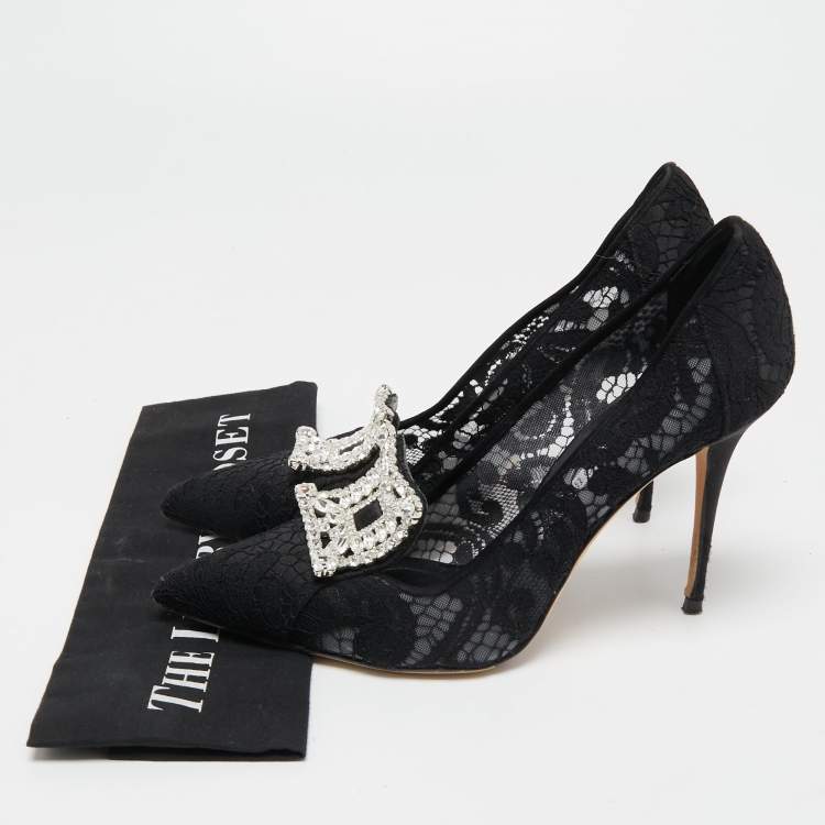 Pre Owned Manolo Blahnik Black Lace and Satin Borlak  Pumps Size 39.5