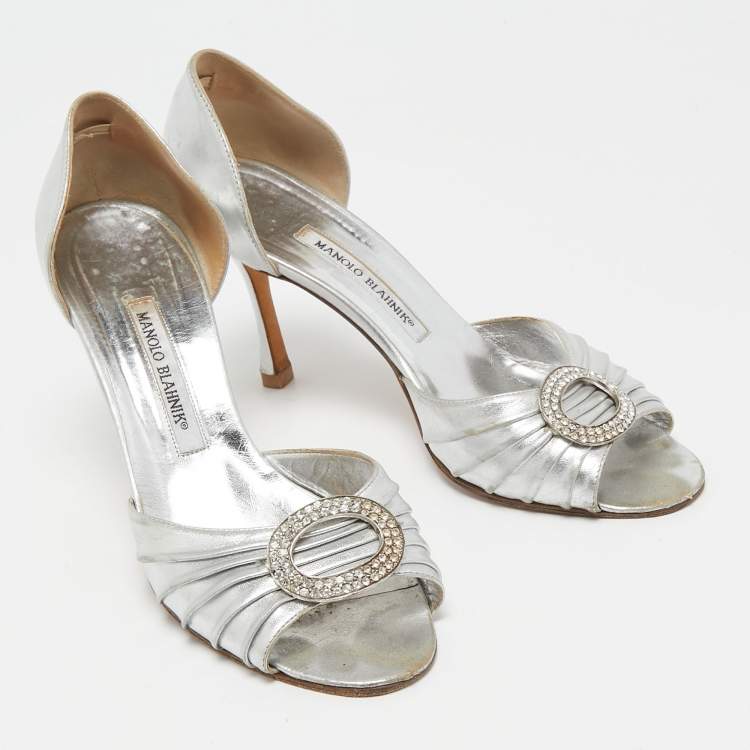 Pre Owned Manolo Blahnik Silver Leather Sebaraby Pumps Size 39