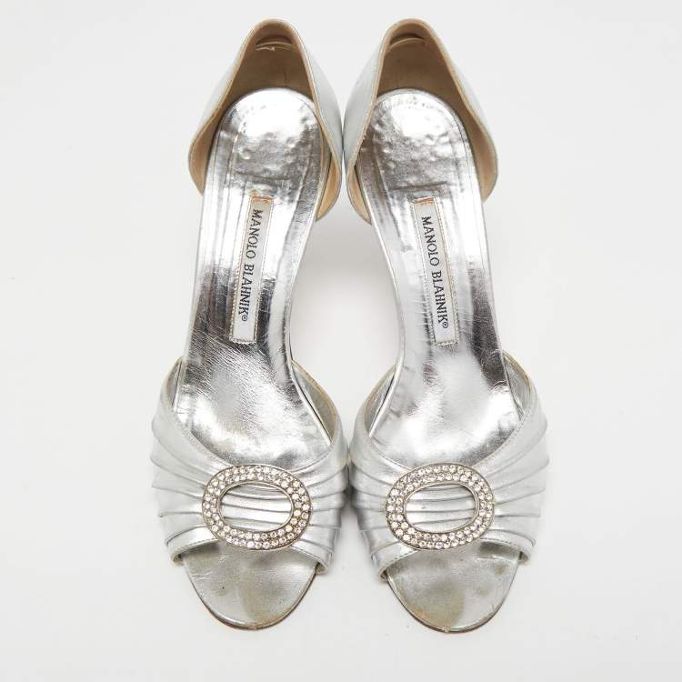 Pre Owned Manolo Blahnik Silver Leather Sebaraby Pumps Size 39